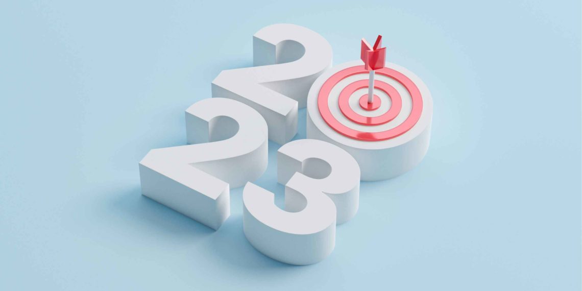 2023 in white on a blue background