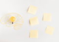 5 Post-it jaunes sur une table avec à gauche un dessin d'un cerveau jaune avec une ampoule au centre jaune aussi