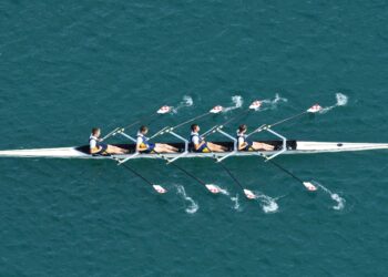 A team of 4 rowers rowing together on a blue lagoon