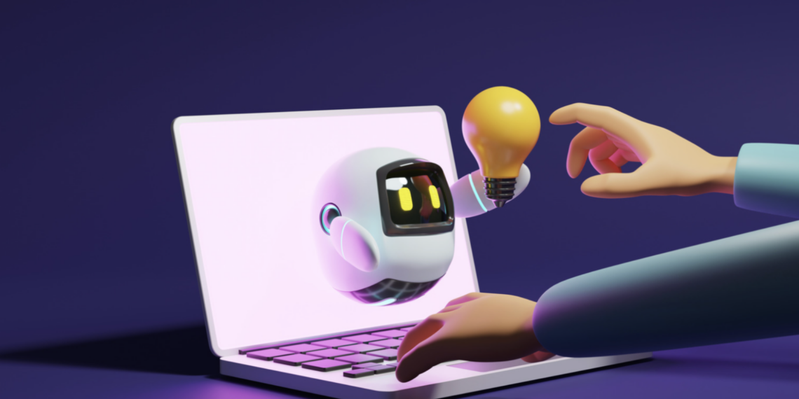 robot flottant à côté d'un ordinateur portable, tenant une ampoule. Un bras humain tend la main vers l'ampoule, symbolisant la collaboration entre l'intelligence artificielle (IA) et les humains. L'ordinateur portable semble émettre une lumière violette, créant une ambiance futuriste.