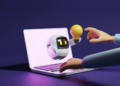 robot flottant à côté d'un ordinateur portable, tenant une ampoule. Un bras humain tend la main vers l'ampoule, symbolisant la collaboration entre l'intelligence artificielle (IA) et les humains. L'ordinateur portable semble émettre une lumière violette, créant une ambiance futuriste.