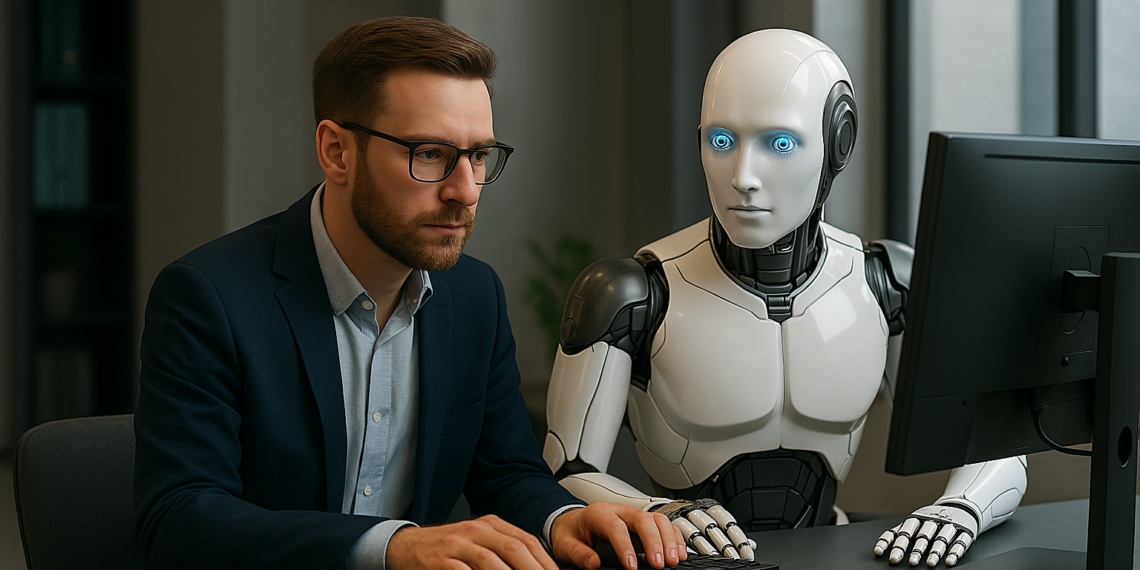 AI and a men working together on a computer