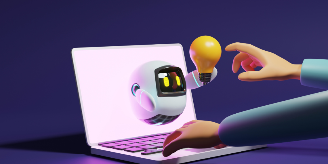 A hand writing on a computer and a small robot on a screen