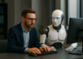 Un homme et une IA travaillant ensemble sur un ordinateur