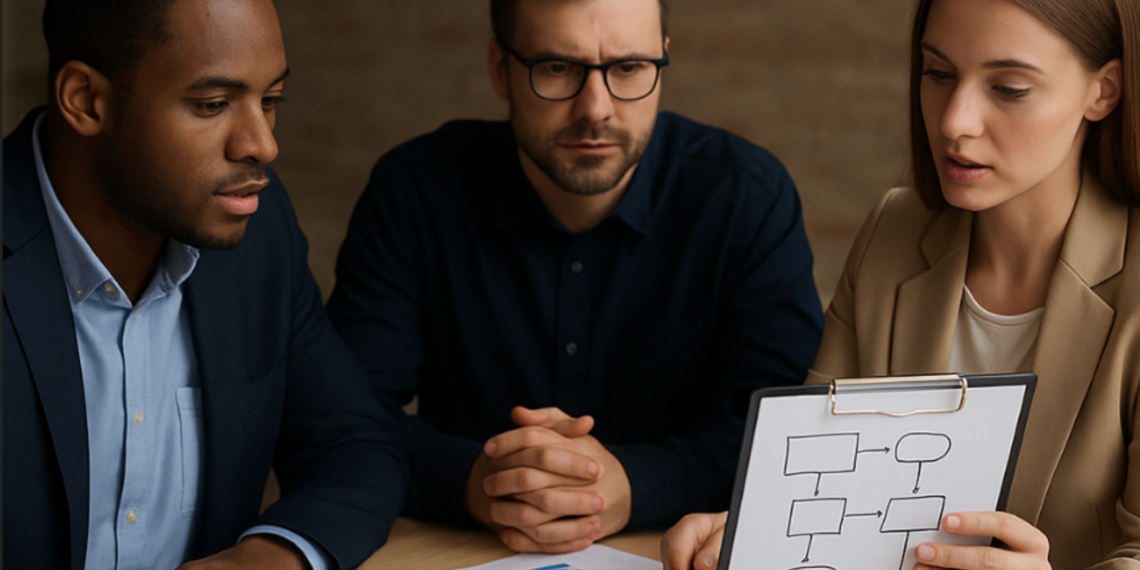 Trois professionnels sont réunis autour d’une table, concentrés sur une discussion stratégique. La scène se déroule dans un environnement sobre et professionnel, avec un fond marron doux qui renforce l’atmosphère sérieuse et studieuse. Une femme, vêtue d’un blazer beige, présente un schéma sur un clipboard, expliquant visiblement une démarche ou un processus stratégique. À sa droite, deux collègues — un homme en costume bleu marine et un autre portant une chemise sombre et des lunettes — écoutent attentivement, l’un suivant les documents de travail posés sur la table, l’autre adoptant une posture réfléchie, mains jointes. Des graphiques et diagrammes sur papier complètent la scène, soulignant la nature analytique et collaborative de la réunion. L’éclairage doux met en valeur les expressions concentrées et le sérieux des échanges, traduisant un moment de réflexion collective et de prise de décision.