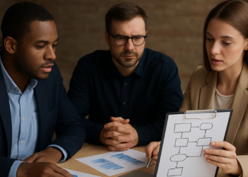 Trois professionnels sont réunis autour d’une table, concentrés sur une discussion stratégique. La scène se déroule dans un environnement sobre et professionnel, avec un fond marron doux qui renforce l’atmosphère sérieuse et studieuse. Une femme, vêtue d’un blazer beige, présente un schéma sur un clipboard, expliquant visiblement une démarche ou un processus stratégique. À sa droite, deux collègues — un homme en costume bleu marine et un autre portant une chemise sombre et des lunettes — écoutent attentivement, l’un suivant les documents de travail posés sur la table, l’autre adoptant une posture réfléchie, mains jointes. Des graphiques et diagrammes sur papier complètent la scène, soulignant la nature analytique et collaborative de la réunion. L’éclairage doux met en valeur les expressions concentrées et le sérieux des échanges, traduisant un moment de réflexion collective et de prise de décision.
